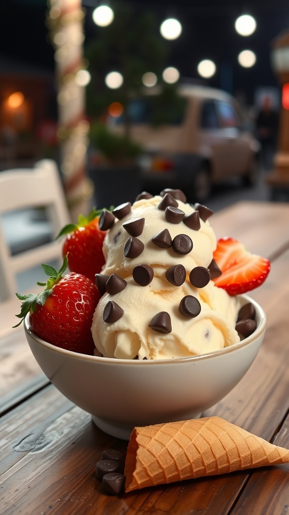 A bowl of homemade ice cream with chocolate chips and strawberries on a wooden table.